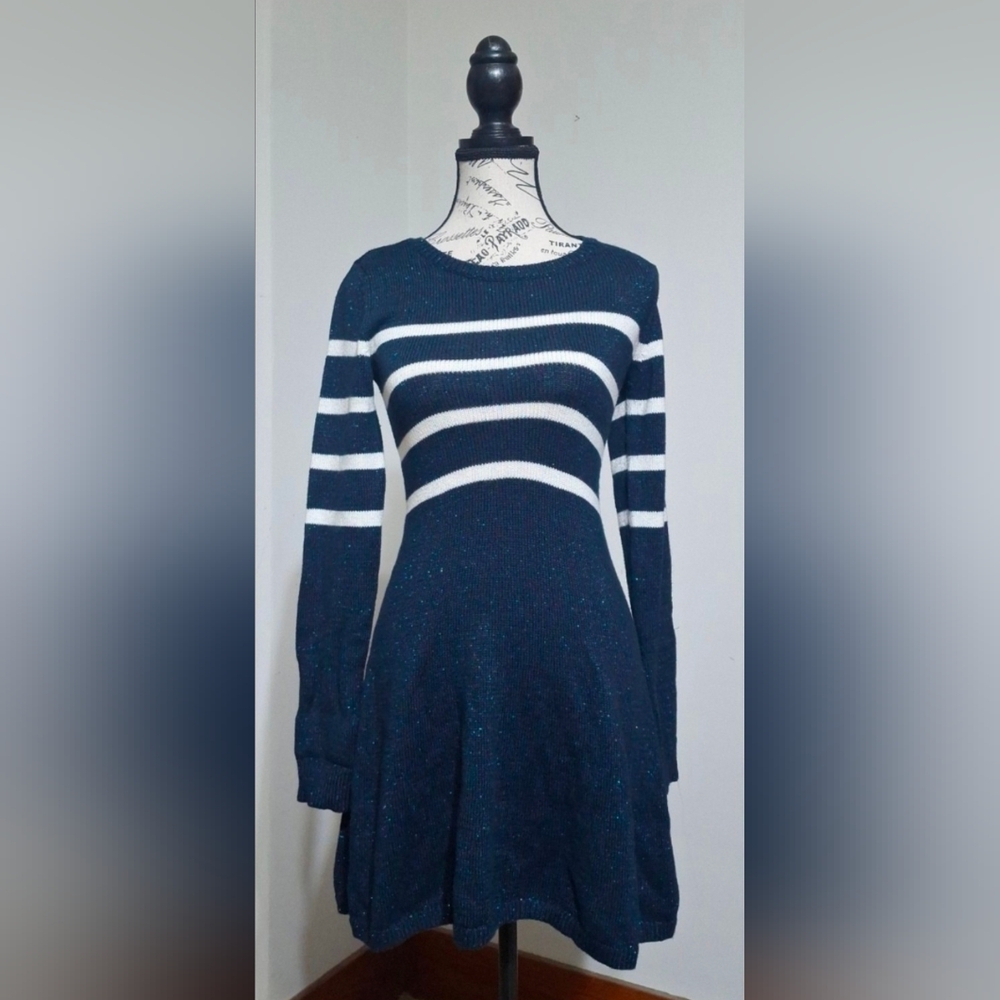Abercrombie & Fitch Navy and White Striped Scoop Neck Sweater Dress